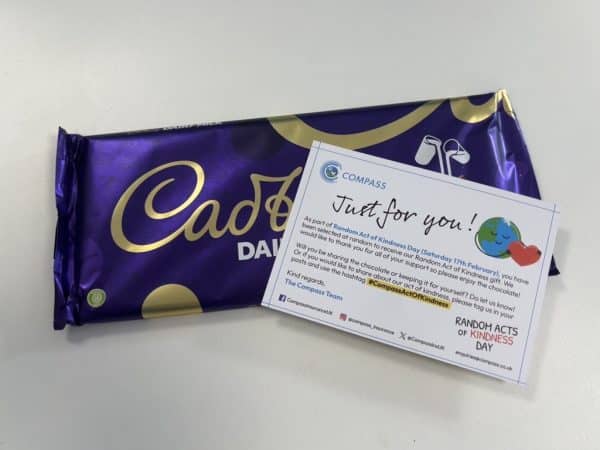 Cadbury chocolate bar with Random Act of Kindness postcard